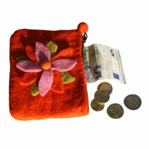 PORTAMONETE IN LANA COTTA CON LOTO APPLICATO ( cm 11 x 13 )