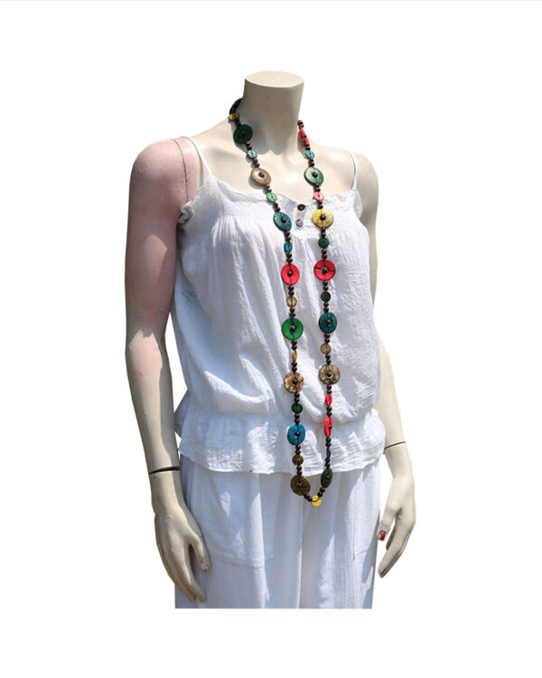 COLLANA IN COCCO LUNGA CON DISCHETTI  COLORATI