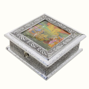 SCATOLA IN METALLO BIANCO CON DIPINTI MOGHUL QUADRATA
