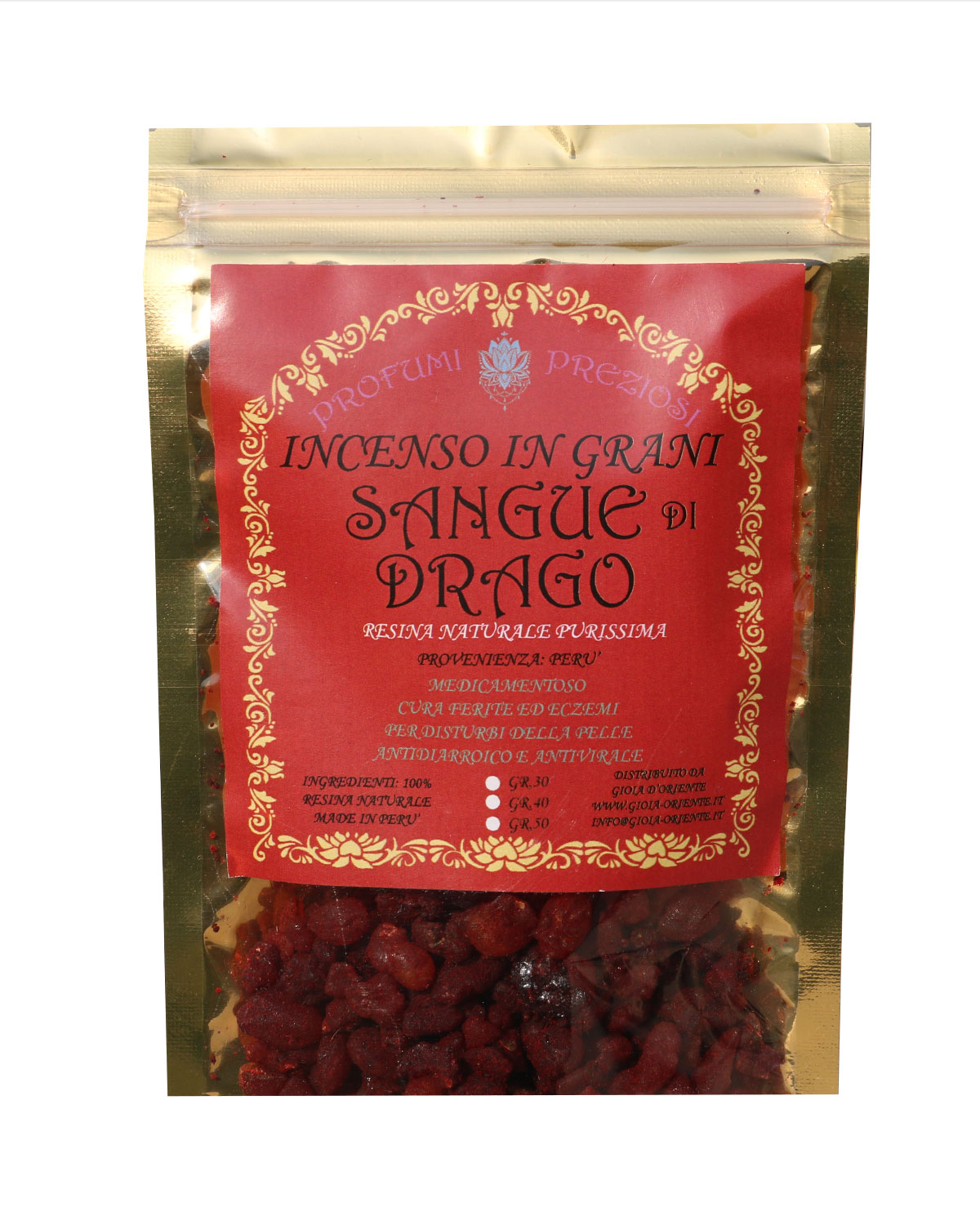 6940_2 INCENSO IN GRANI DRAGON'S BLOOD LINEA PROFUMI PREZIOSI (6 p.oro x gr. 30 )