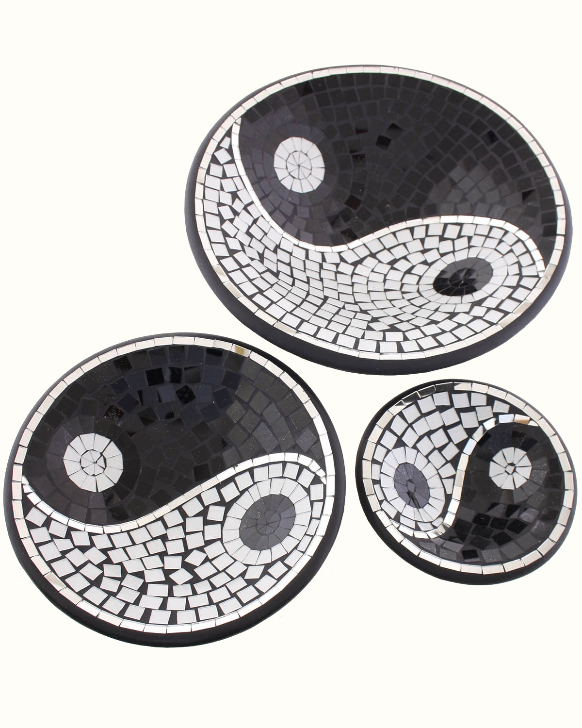 7330_1 VASSOI CON MOSAICO DI SPECCHIETTI TAO ROTONDI ( CM 20-27-36)