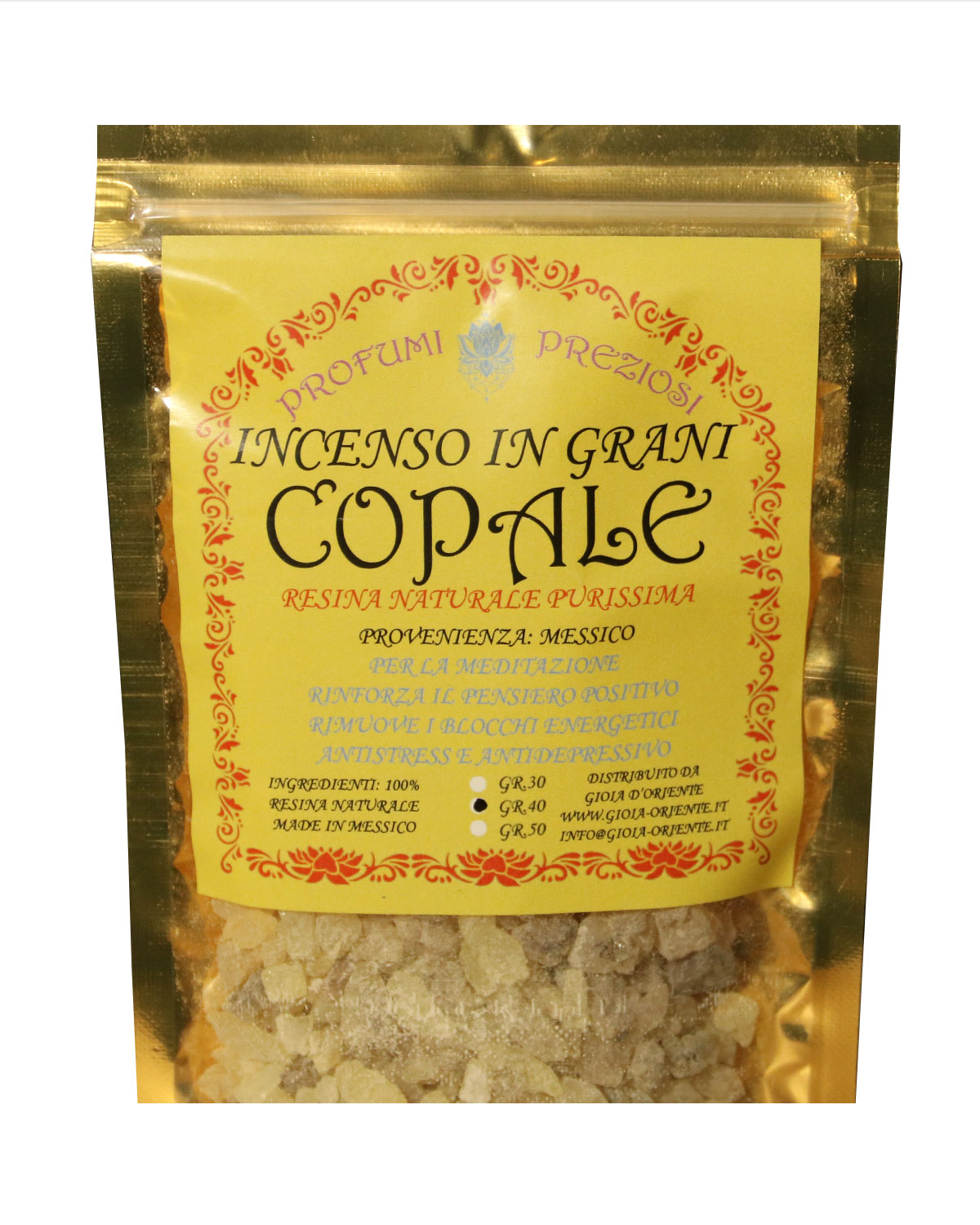 8496_2 INCENSO IN GRANI COPALE LINEA PROFUMI PREZIOSI (6 p.oro x gr. 40 )