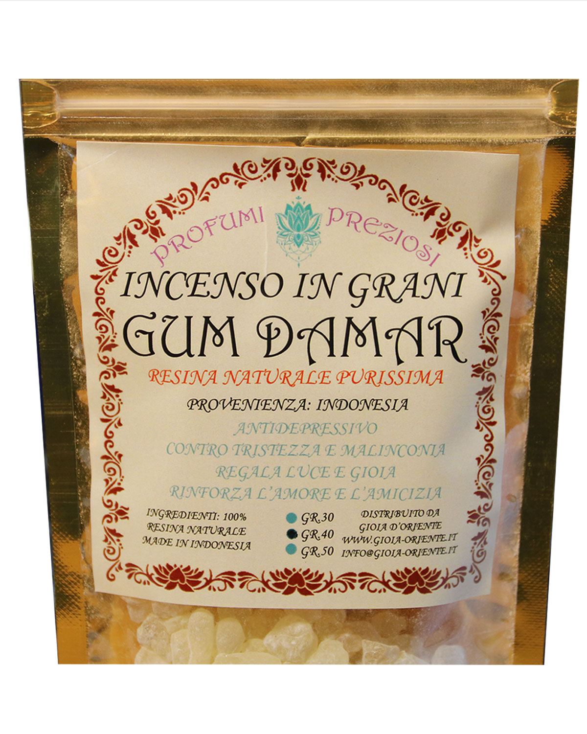 8499_2 INCENSO IN GRANI GUM DAMAR LINEA PROFUMI PREZIOSI (6 p.oro x gr. 40 )
