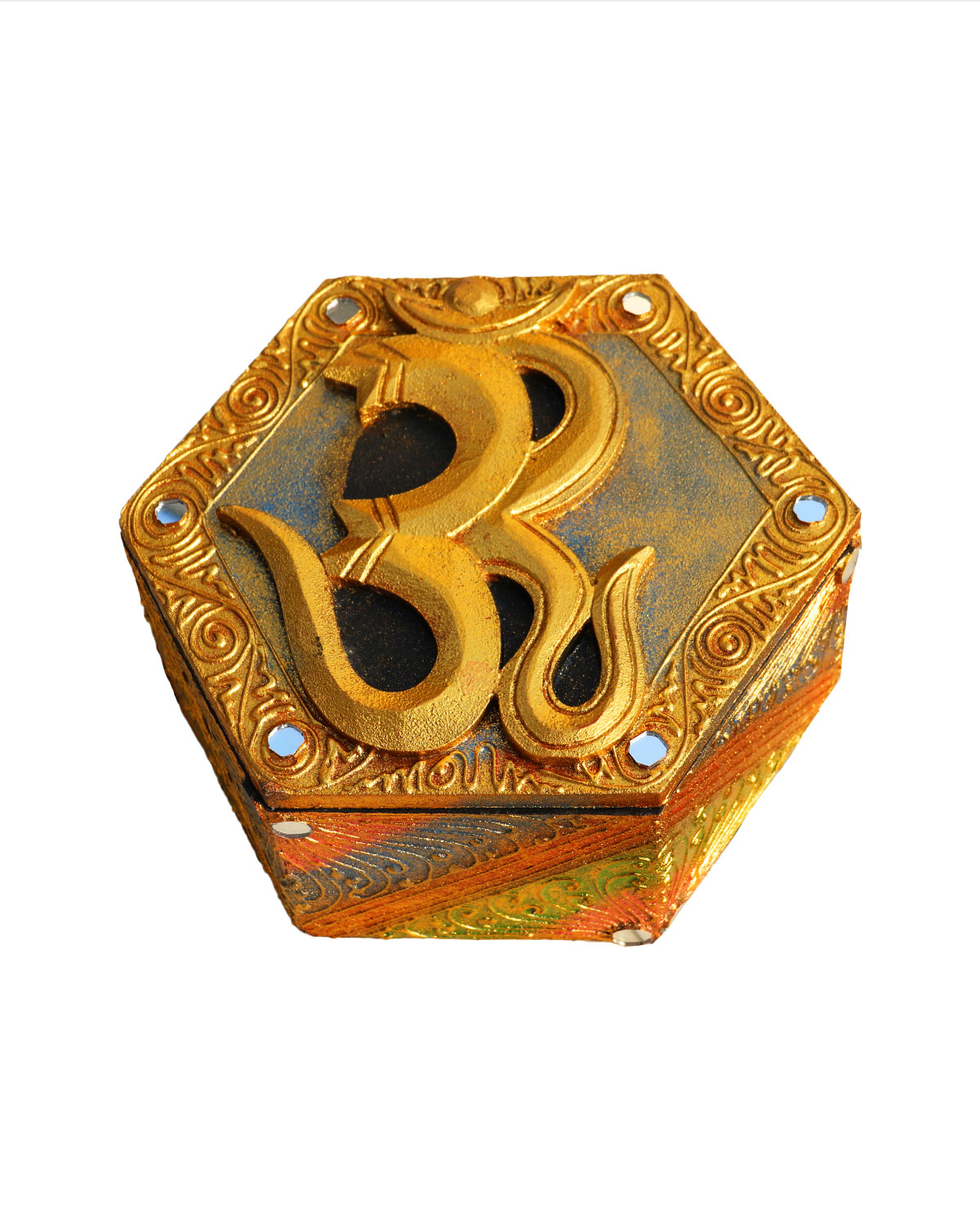 8526_1 SCATOLA ESAGONALE MEDIA CON OM DORATE