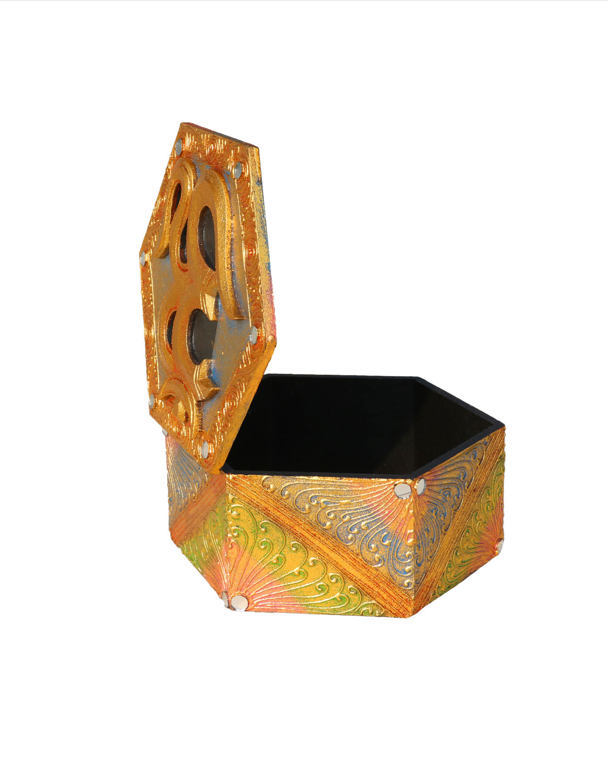 8526_2 SCATOLA ESAGONALE MEDIA CON OM DORATE