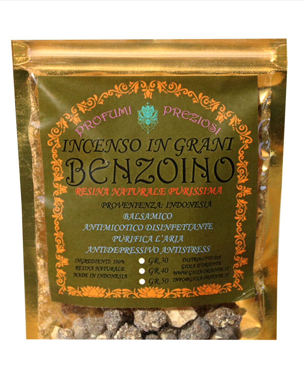 8500_2 INCENSO IN GRANI BENZOINO LINEA PROFUMI PREZIOSI (6 p.oro x gr. 40 )